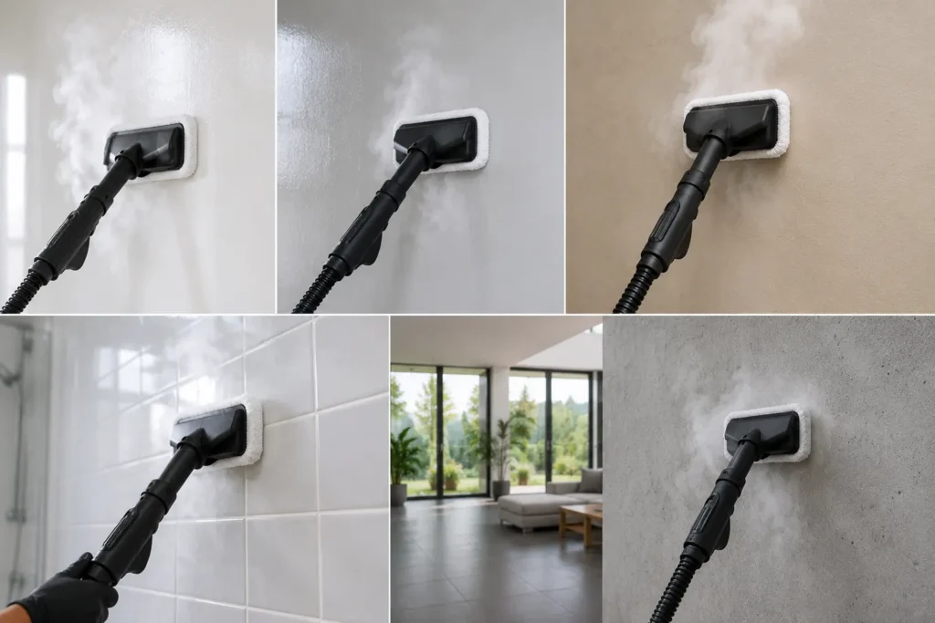 Can you steam clean walls? This image demonstrates wall types safe for steam cleaning, including painted walls, ceramic tiles, textured surfaces, and concrete walls using professional high-temperature steam cleaning equipment.