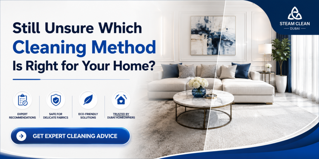 Steam Clean Dubai banner for villa owners seeking expert guidance on steam cleaning vs dry cleaning for carpets, sofas, and curtains in Dubai.